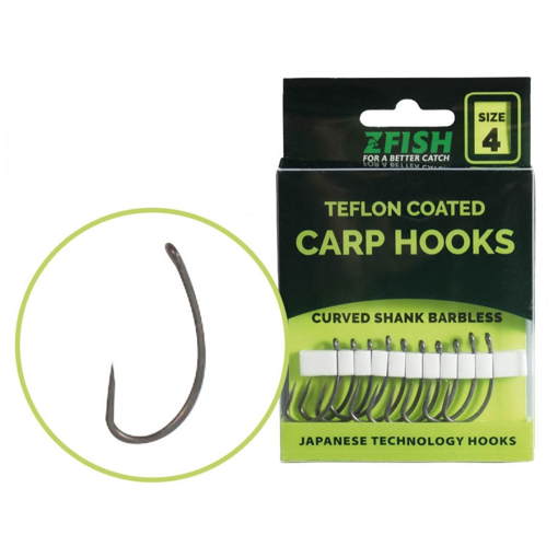 Zfish Teflon Curved Shank Barbless Carp Hooks size 6