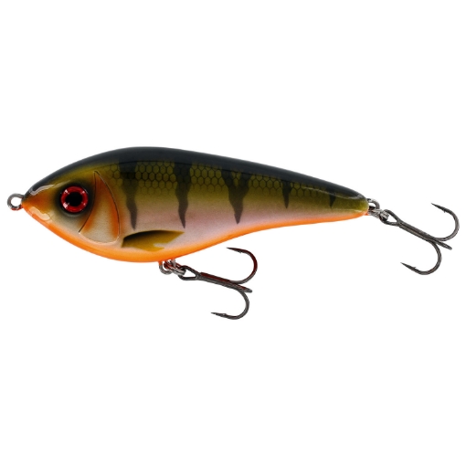 Pohled na přívlačový wobler typu glidebait Westin Swim 10cm v třpytivém okouním dekoru Bling Perch